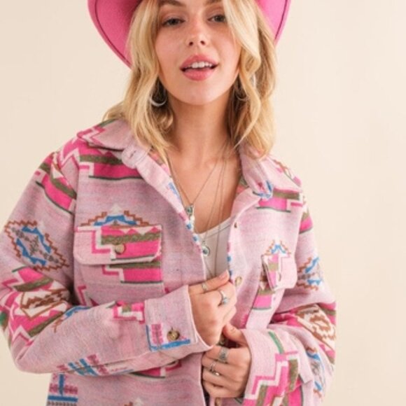 Jacquard Aztec Chest Pocket Front Loose Button Up Shirt Jacket/Shacket! - Picture 2 of 6